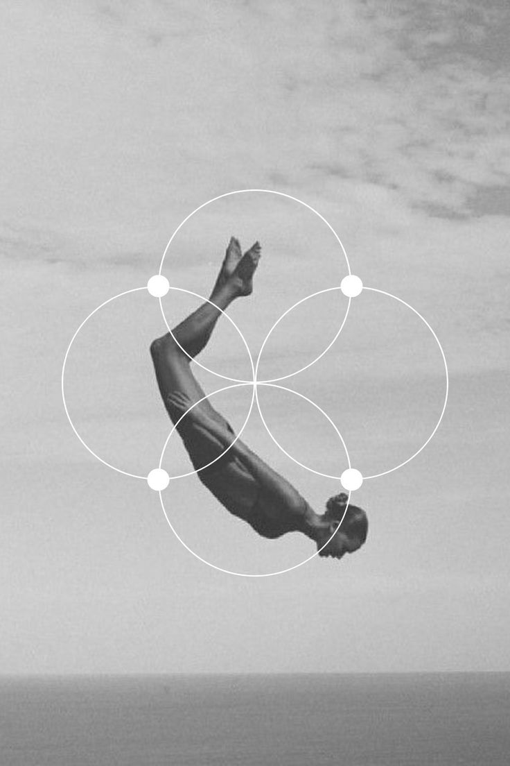 Black and white photograph of a diver suspended mid-air with sacred geometry circle overlay symbolizing the leap of bouncing back